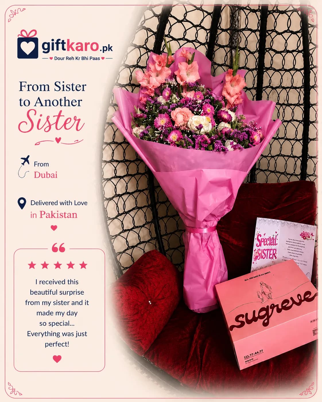 WhatsApp review from a sister who sent a gift bundle from Dubai to her sister in Islamabad