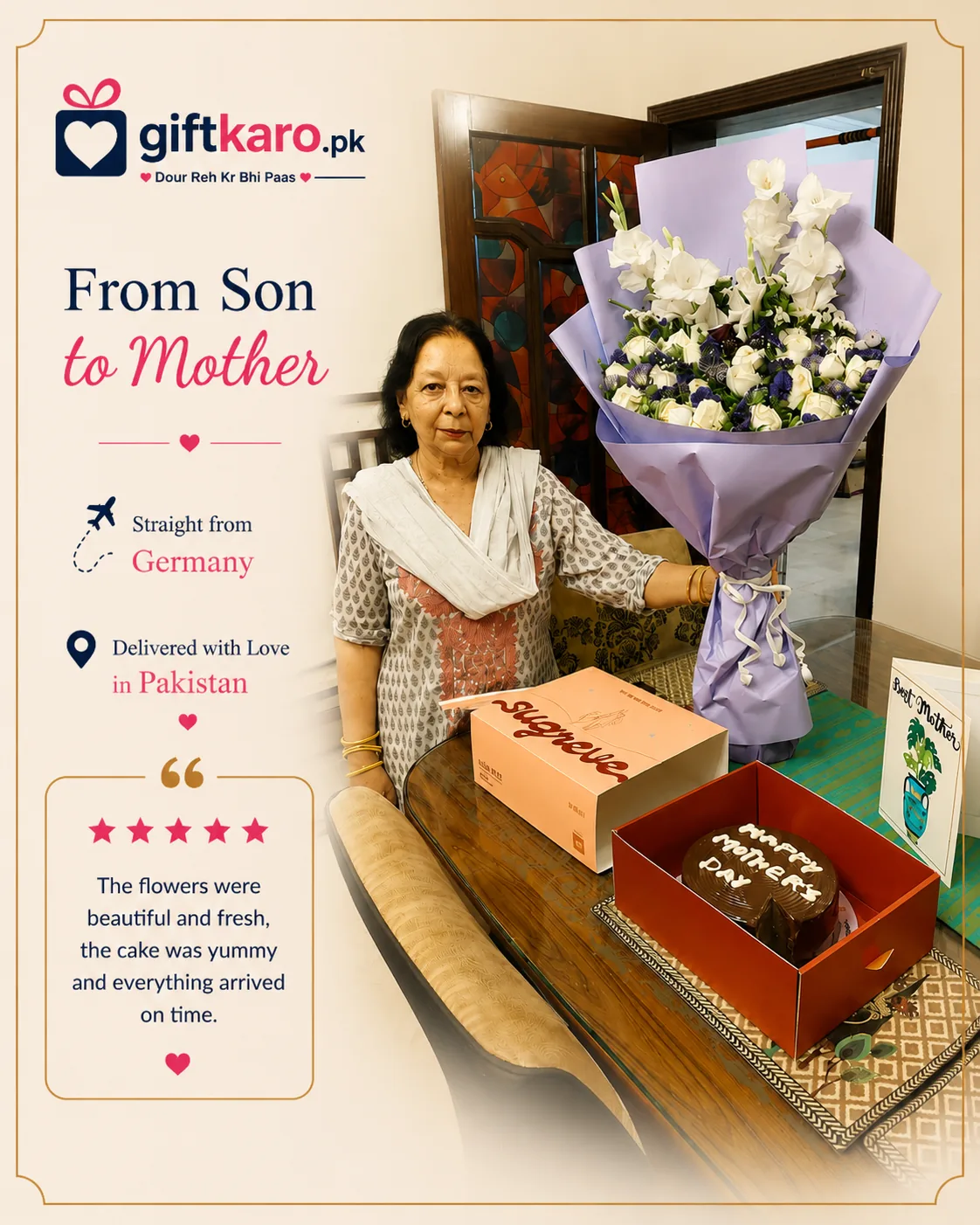WhatsApp review from a son who sent flowers and mithai from Germany to his mother in Pakistan